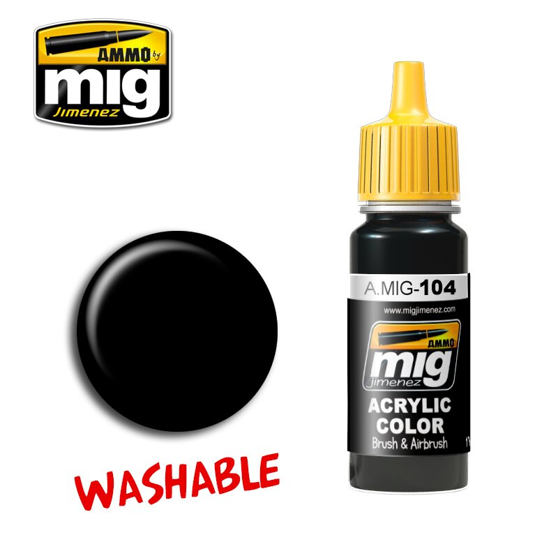(X) Ammo MIG 104 - Acryl Farbe Washable (17ml) - Washable Black 